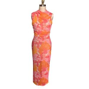 Y2K Mixed Threads Maxi Dress Medium Pink Orange Tropical Mesh Ruched